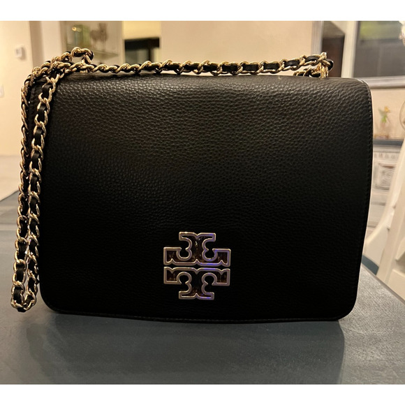 Tory Burch Black Pebbled Leather Shoulder Bag – Gold Chain Strap - Picture 1 of 12